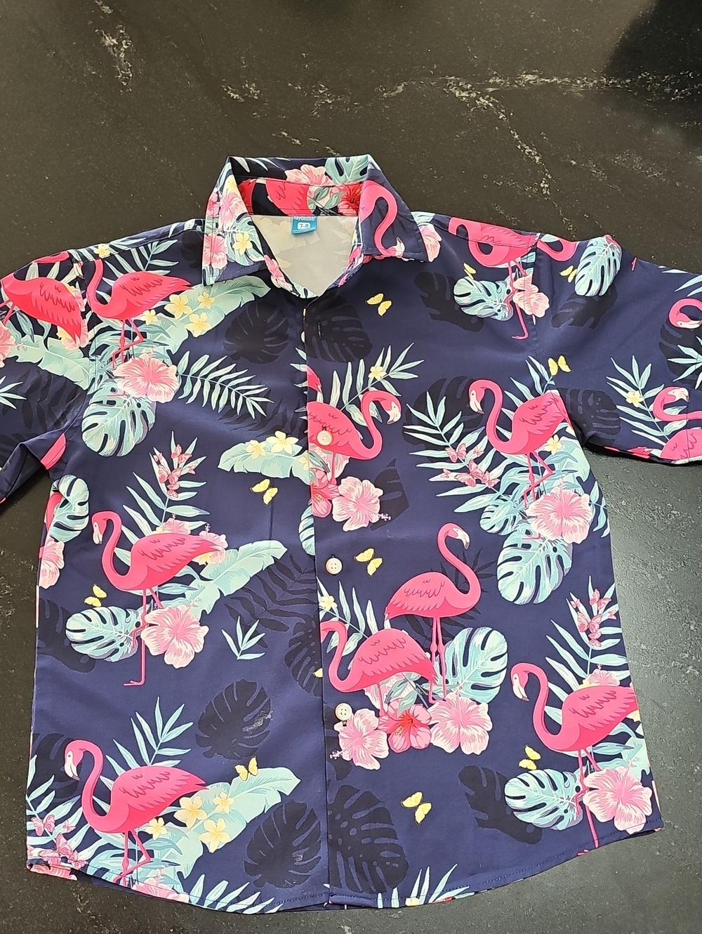 Hayden Navy Button-Down Shirt with Pink Flamingo Print